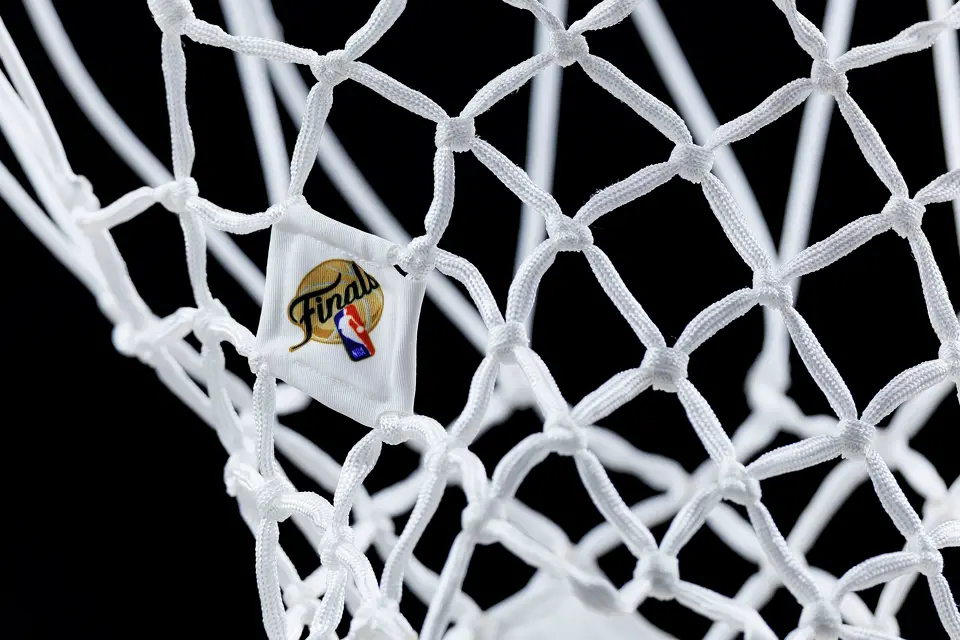 An NBA Finals patch is seen on a basketball net at Frost Bank Center in San Antonio, Tuesday, June 2, 2026, ahead of the NBA Finals series between the New York Knicks and the San Antonio Spurs.