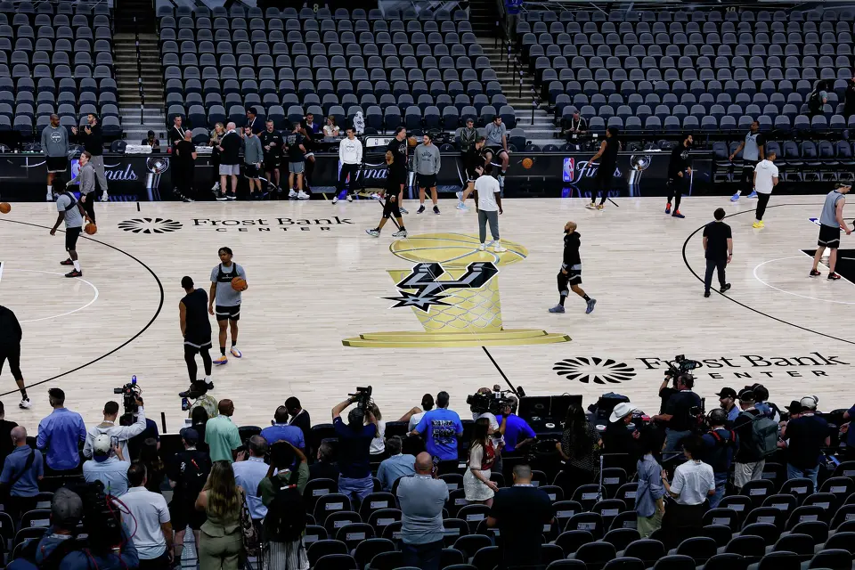 San Antonio Spurs players practice on the newly set NBA Finals court at Frost Bank Center in San Antonio, Tuesday, June 2, 2026. They will face the New York Knicks in Game 1 of the NBA Finals on Wednesday night.