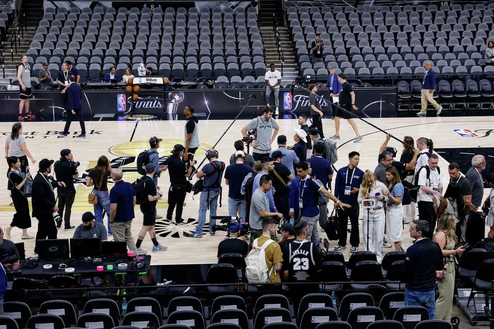 San Antonio Spurs’ Luke Kornet (7) talks to reporters following practice at Frost Bank Center in San Antonio, Tuesday, June 2, 2026, ahead of the NBA Finals against the New York Knicks.