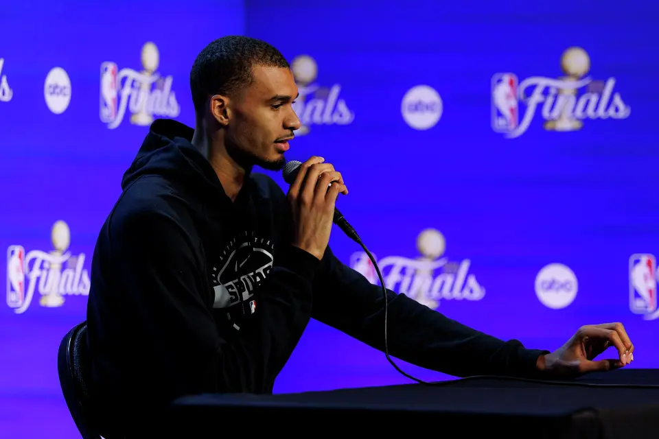San Antonio Spurs center Victor Wembanyama answers questions during a news conference at Frost Bank Center in San Antonio, Tuesday, June 2, 2026, ahead of the NBA Finals series against the New York Knicks.