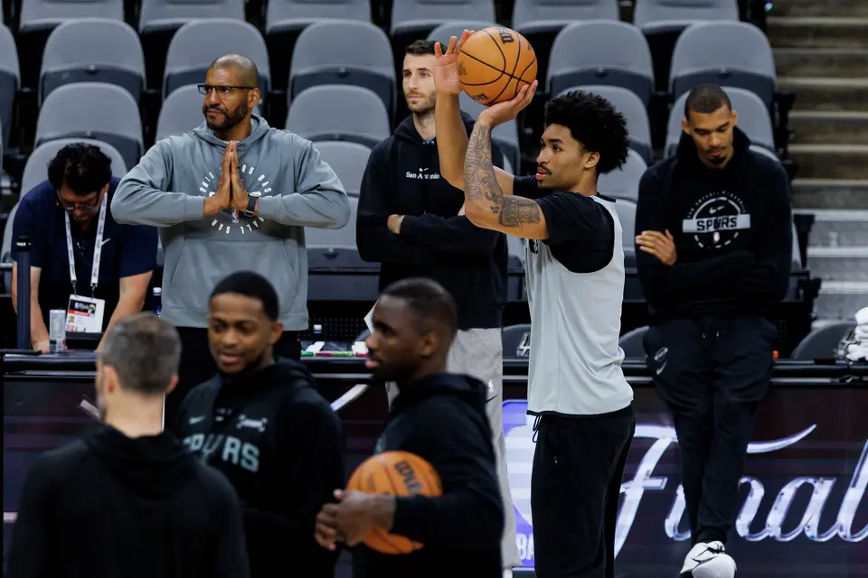 San Antonio Spurs guard Dylan Harper takes a shot during practice at Frost Bank Center in San Antonio, Tuesday, June 2, 2026, ahead of the NBA Finals series between the Spurs and the New York Knicks.