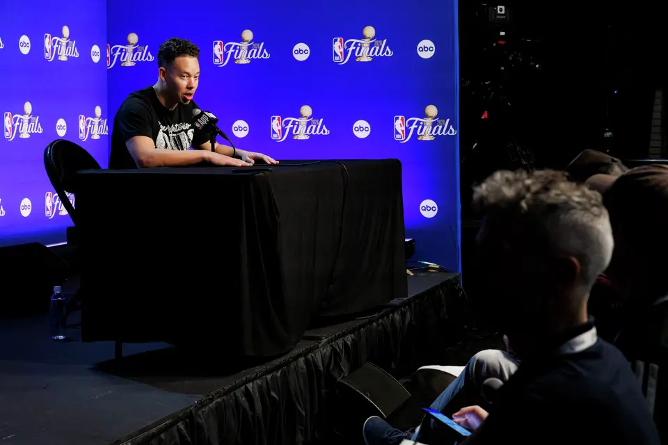 San Antonio Spurs Head Coach Mitch Johnson answers questions during a news conference at Frost Bank Center in San Antonio, Tuesday, June 2, 2026, ahead of the NBA Finals series between the Spurs and the New York Knicks.