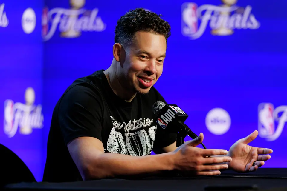 San Antonio Spurs Head Coach Mitch Johnson answers questions during a news conference at Frost Bank Center in San Antonio, Tuesday, June 2, 2026, ahead of the NBA Finals series between the Spurs and the New York Knicks.