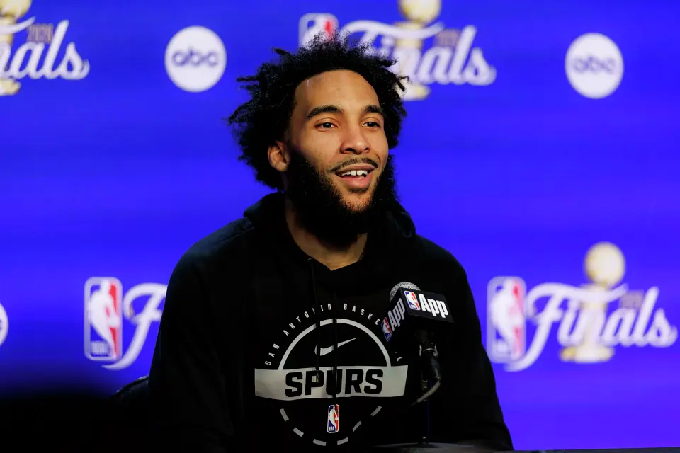 San Antonio Spurs forward Julian Champagnie answers questions during a news conference at Frost Bank Center in San Antonio, Tuesday, June 2, 2026, ahead of the NBA Finals series between the Spurs and the New York Knicks.