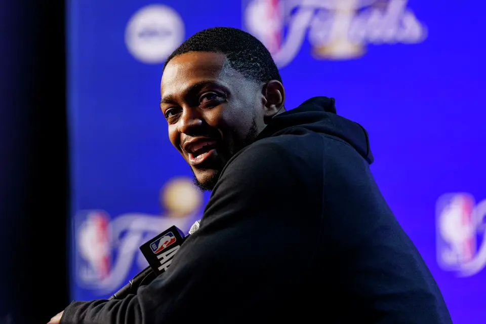 San Antonio Spurs guard De'Aaron Fox answers questions during a news conference at Frost Bank Center in San Antonio, Tuesday, June 2, 2026, ahead of the NBA Finals series between the Spurs and the New York Knicks.