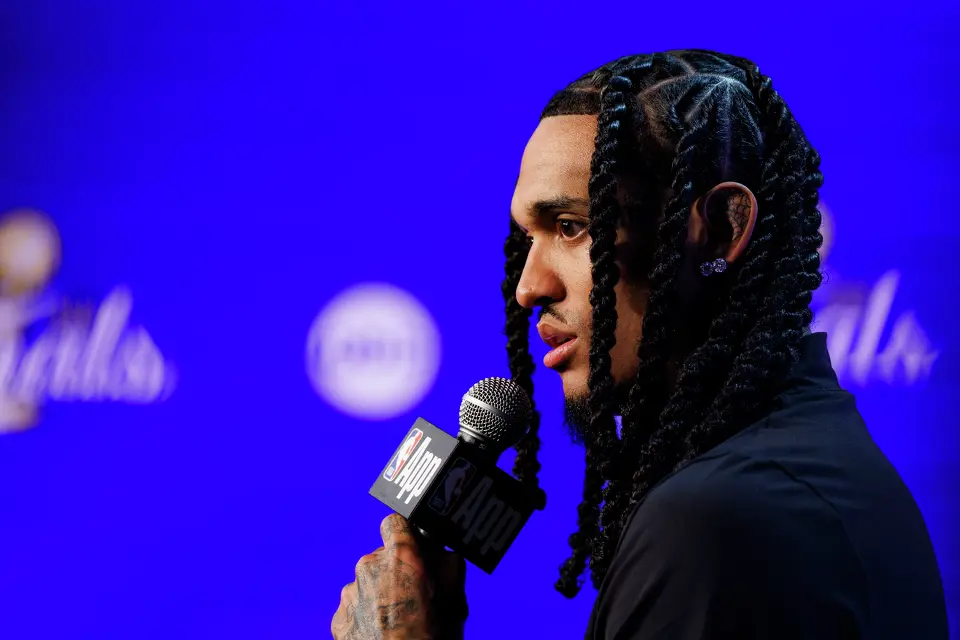 New York Knicks guard Jordan Clarkson answers questions during a news conference at Frost Bank Center in San Antonio, Tuesday, June 2, 2026, ahead of the NBA Finals series between the Knicks and the San Antonio Spurs. The 33-year-old attended Karen Wagner High School in San Antonio.