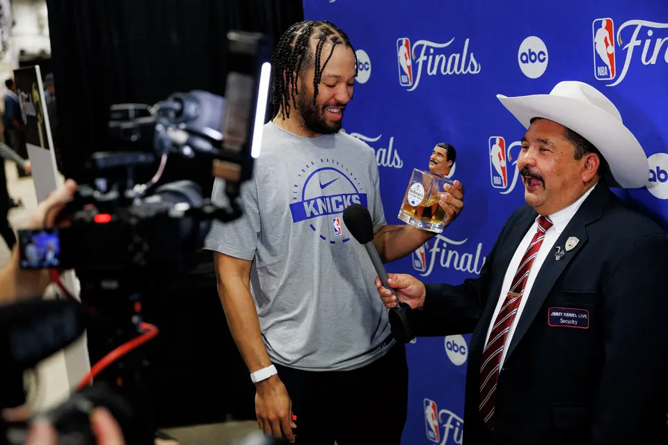 New York Knicks guard Jalen Brunson interacts with comedian Guillermo Rodriguez before a workout at Frost Bank Center on Tuesday, June 2, 2026, prior to the start of the NBA Finals series against the San Antonio Spurs.
