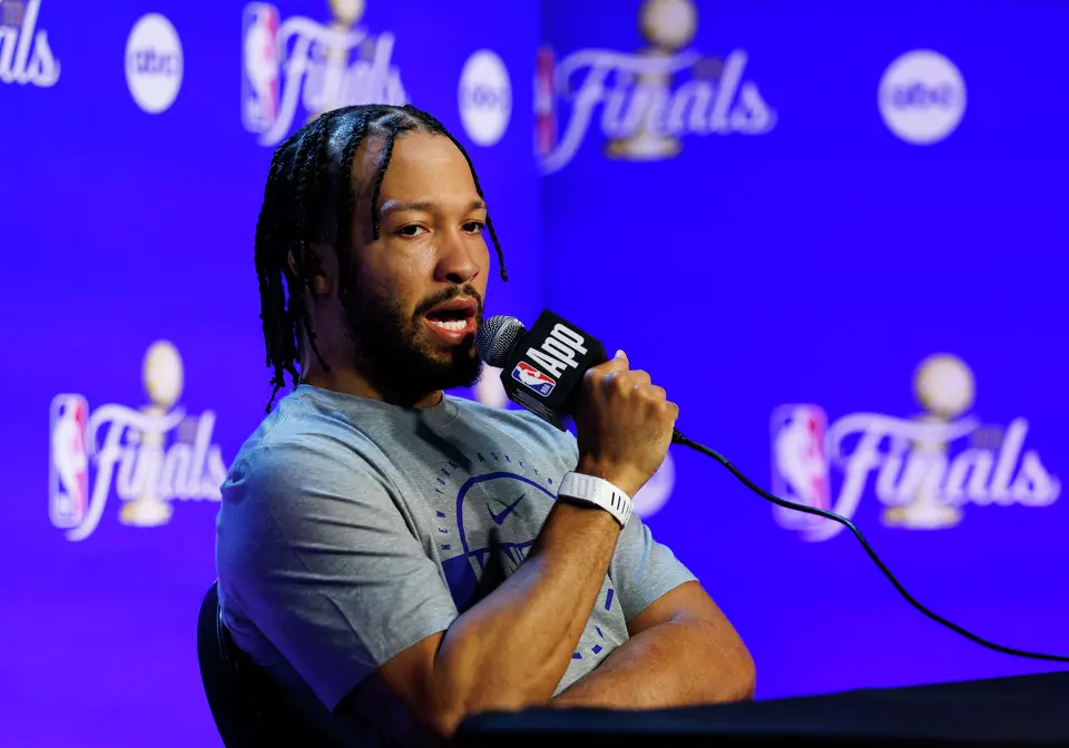 New York Knicks guard Jalen Brunson answers questions during news conferences at Frost Bank Center in San Antonio, Tuesday, June 2, 2026, ahead of the NBA Finals series between the Knicks and the San Antonio Spurs.