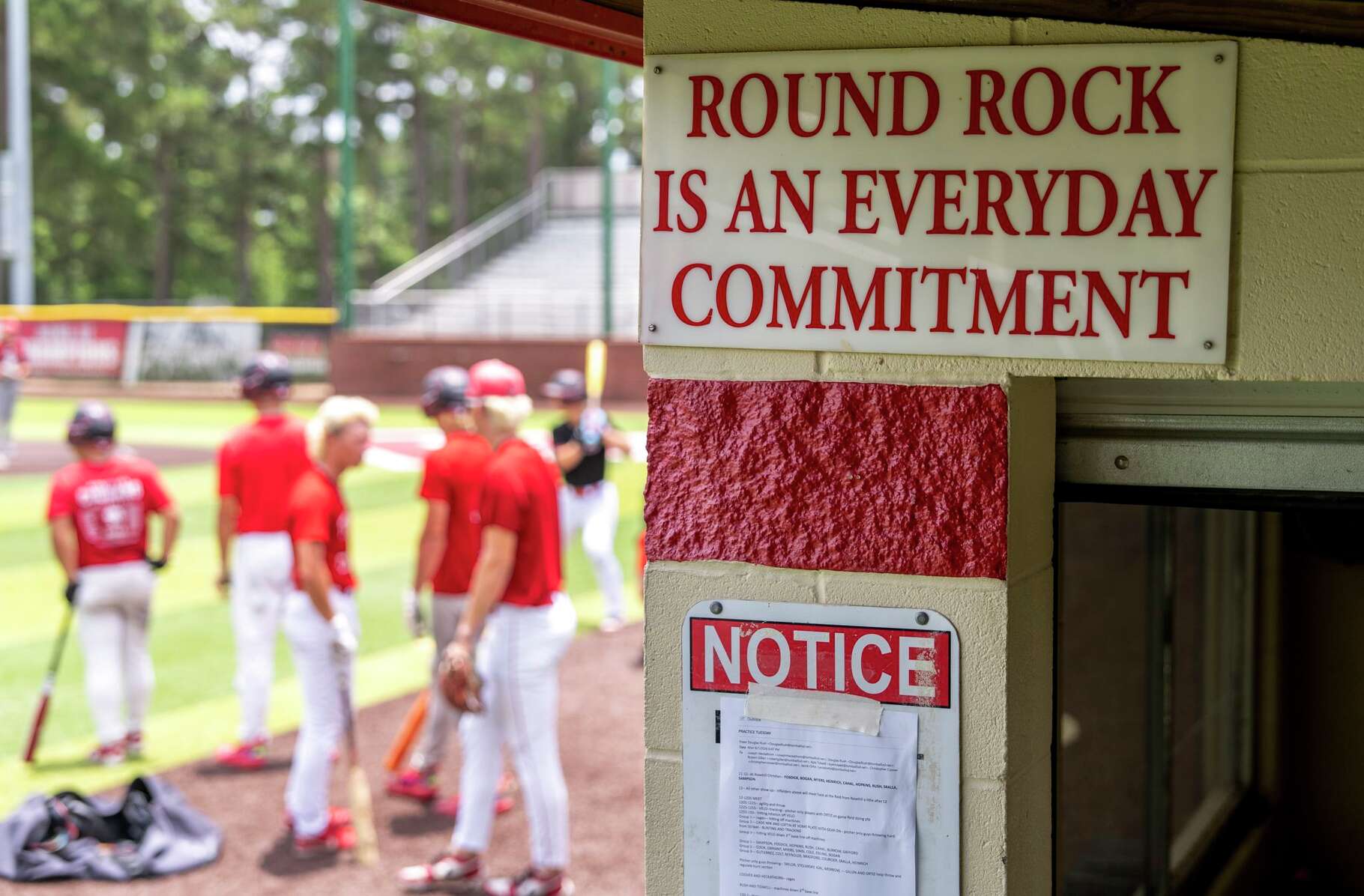 A sign reads “Round Rock Is An Everyday Commitment”during practice ahead of the team’s state title game at the UIL State Baseball Championships in Round Rock, Tuesday, June 2, 2026.