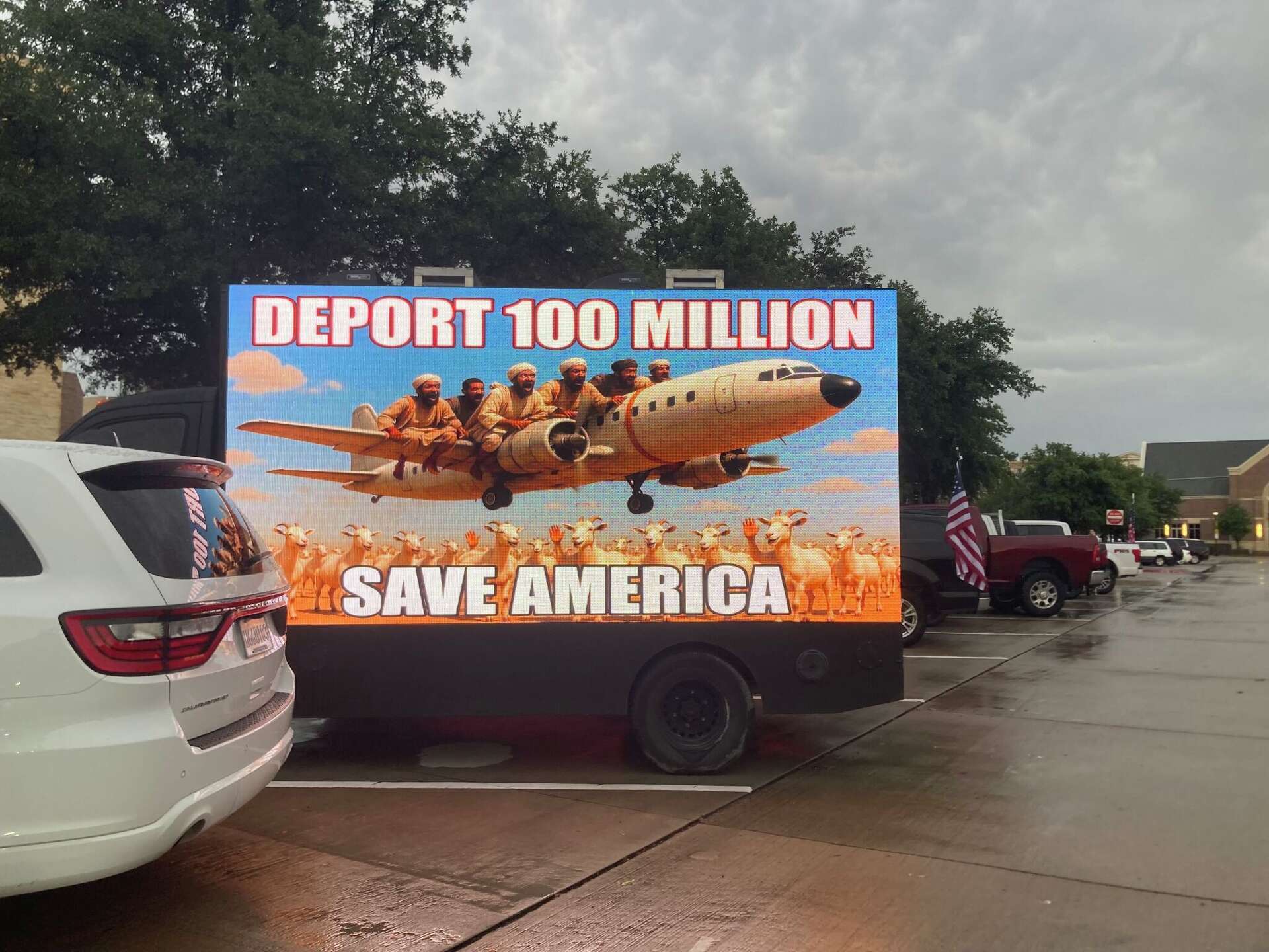 A truck parked outside a rally in Frisco that attracted more counter-protesters Tuesday night than protesters.
 