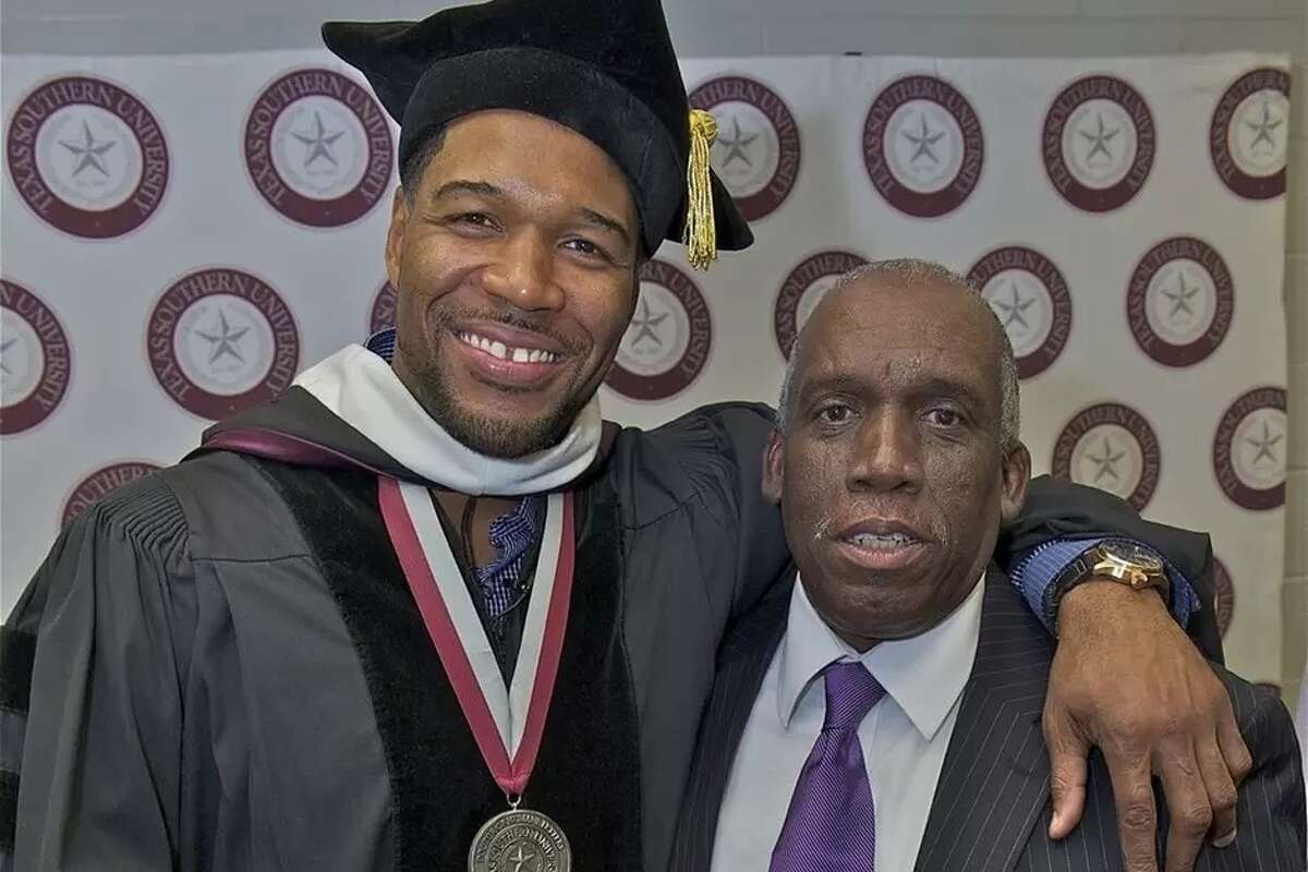 Legendary Texas Souther Athletic trainer John 'Doc' Harvey with Texas Southern Alumnus and NFL Hall of Famer Michael Strahan.