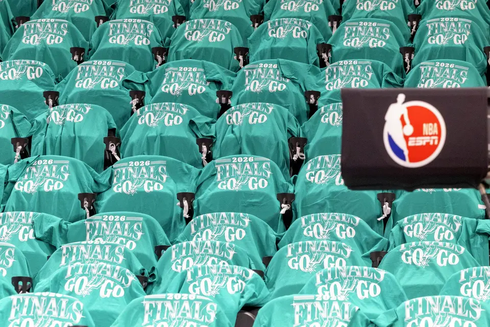 Spurs finals shirts are placed on the back of seats before Game 1 of the NBA Finals at Frost Bank Center in San Antonio, Wednesday, June 3, 2026.