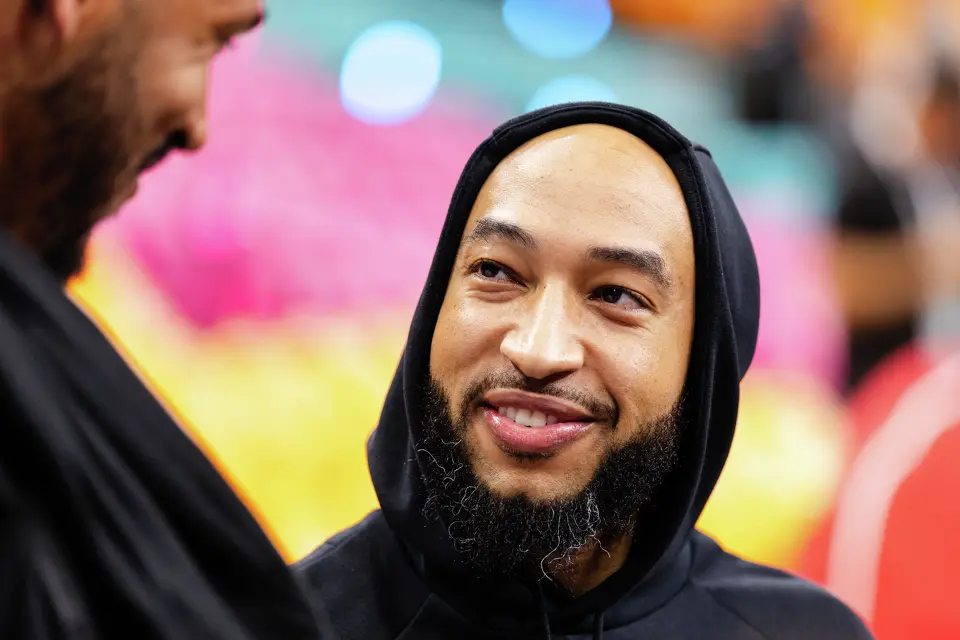San Antonio Spurs guard Jordan McLaughlin (0) warms up before Game 1 of the NBA Finals at Frost Bank Center in San Antonio, Wednesday, June 3, 2026.