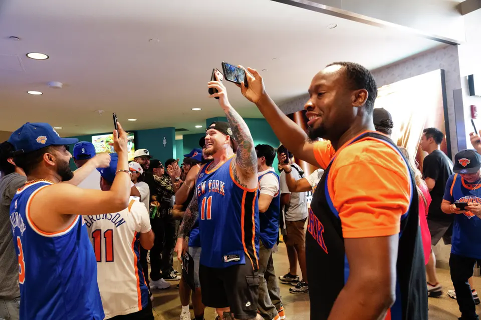 New York Knicks fans arrive at Frost Bank Center before Game 1 of the NBA Finals in San Antonio, Wednesday, June 3, 2026.