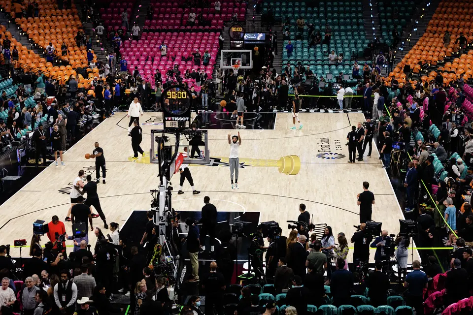 The San Antonio Spurs warm up before Game 1 of the NBA Finals at Frost Bank Center in San Antonio, Wednesday, June 3, 2026.
