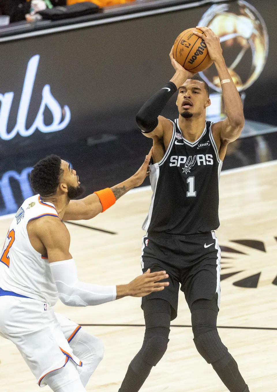 San Antonio Spurs center Victor Wembanyama (1) shoots the ball during Game 1 of the NBA Finals at Frost Bank Center in San Antonio, Wednesday, June 3, 2026.