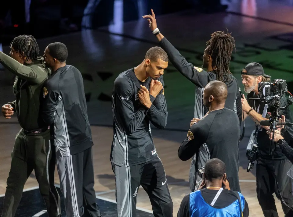 San Antonio Spurs center Victor Wembanyama (1) walks out during Game 1 of the NBA Finals at Frost Bank Center in San Antonio, Wednesday, June 3, 2026.