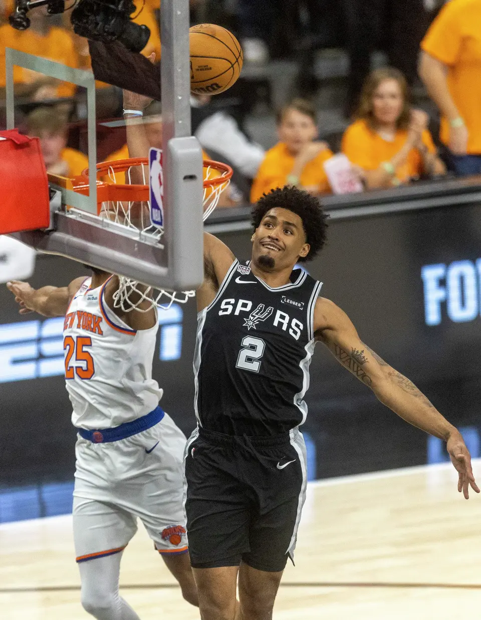 San Antonio Spurs guard Dylan Harper (2) runs up for a layup during Game 1 of the NBA Finals at Frost Bank Center in San Antonio, Wednesday, June 3, 2026.