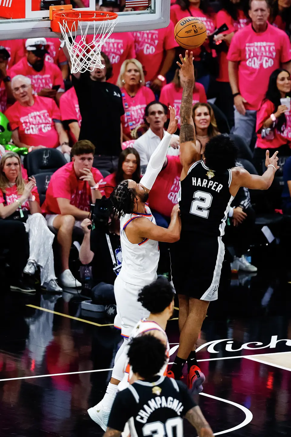 San Antonio Spurs guard Dylan Harper (2) goes up fir a shot during the first quarter of Game 1 of the NBA Finals at Frost Bank Center in San Antonio, on Wednesday, June 3, 2026.