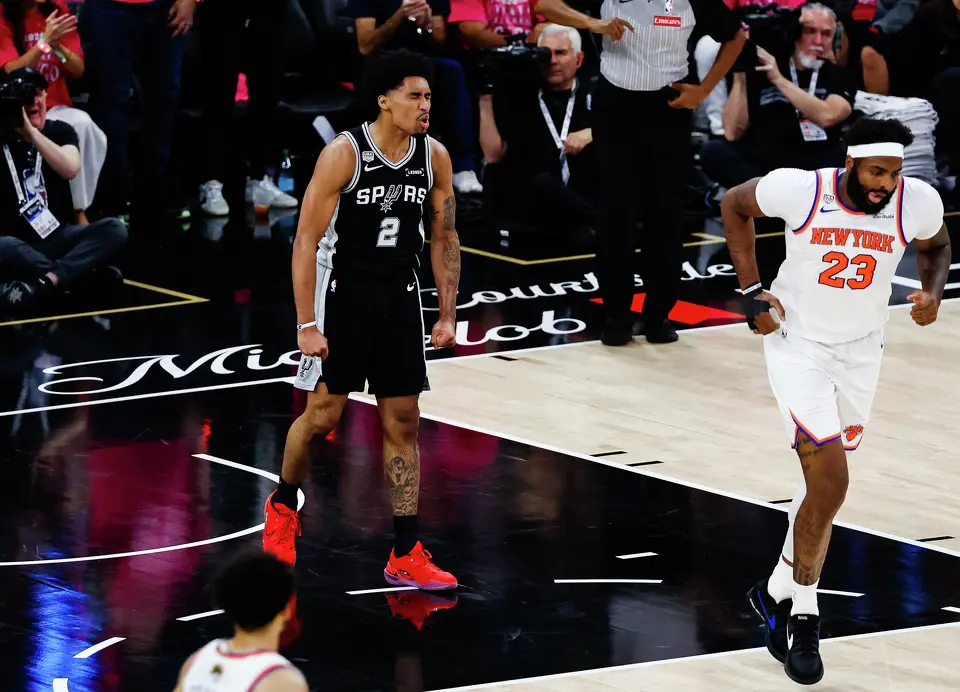San Antonio Spurs guard Dylan Harper (2) celebrated a play during the first quarter of Game 1 of the NBA Finals at Frost Bank Center in San Antonio, on Wednesday, June 3, 2026.
