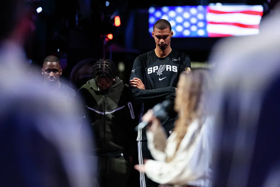 San Antonio Spurs center Victor Wembanyama stands on the court ahead of Game 1 of the NBA Finals at Frost Bank Center in San Antonio, on Wednesday, June 3, 2026.