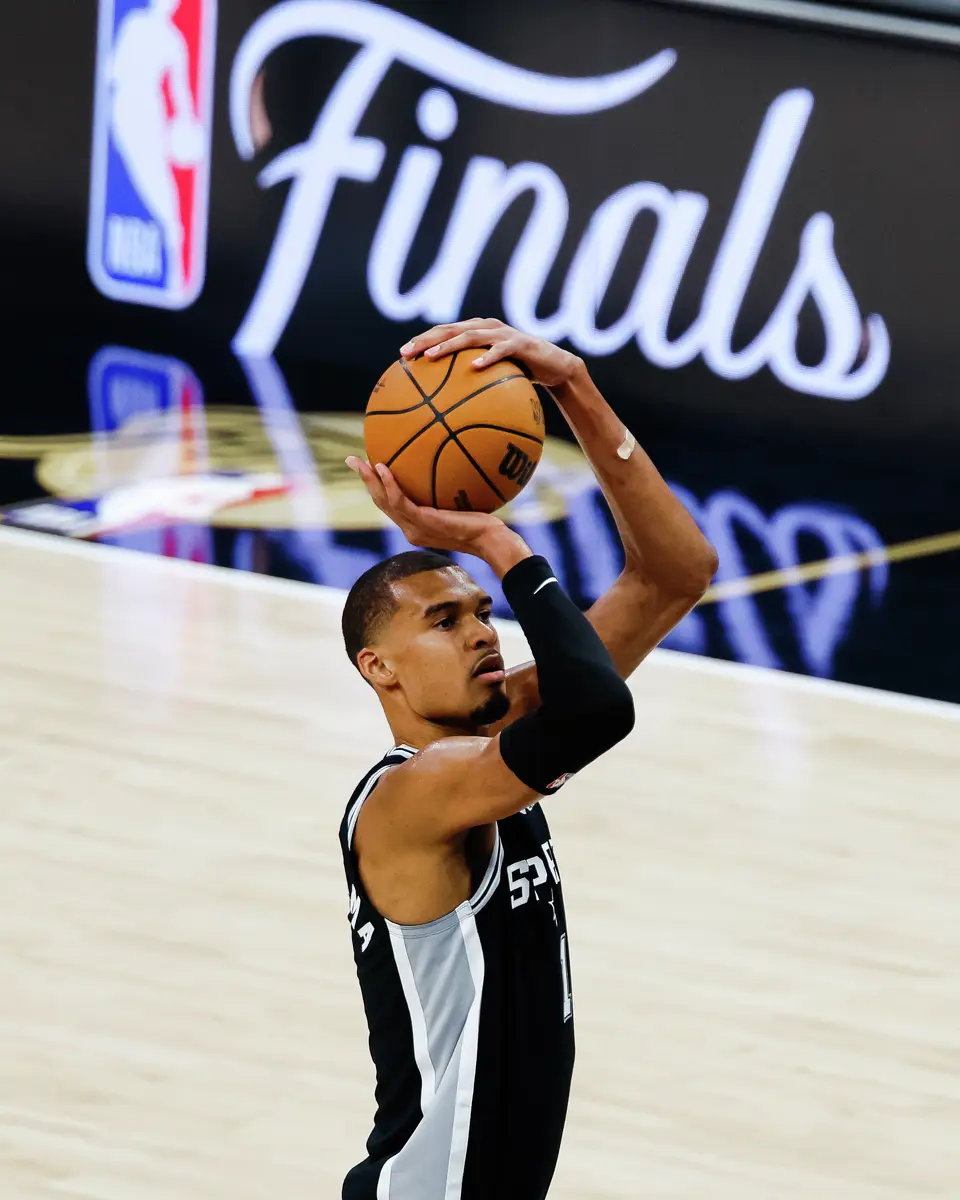 San Antonio Spurs center Victor Wembanyama (1) goes to shoot the ball during Game 1 of the NBA Finals against the New York Knicks at Frost Bank Center in San Antonio, on Wednesday, June 3, 2026.