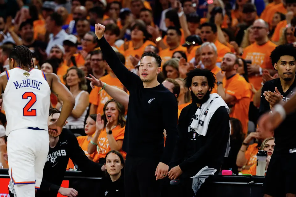 San Antonio Spurs head coach Mitch Johnson gestures during Game 1 of the NBA Finals against the New York Knicks at Frost Bank Center in San Antonio, on Wednesday, June 3, 2026.