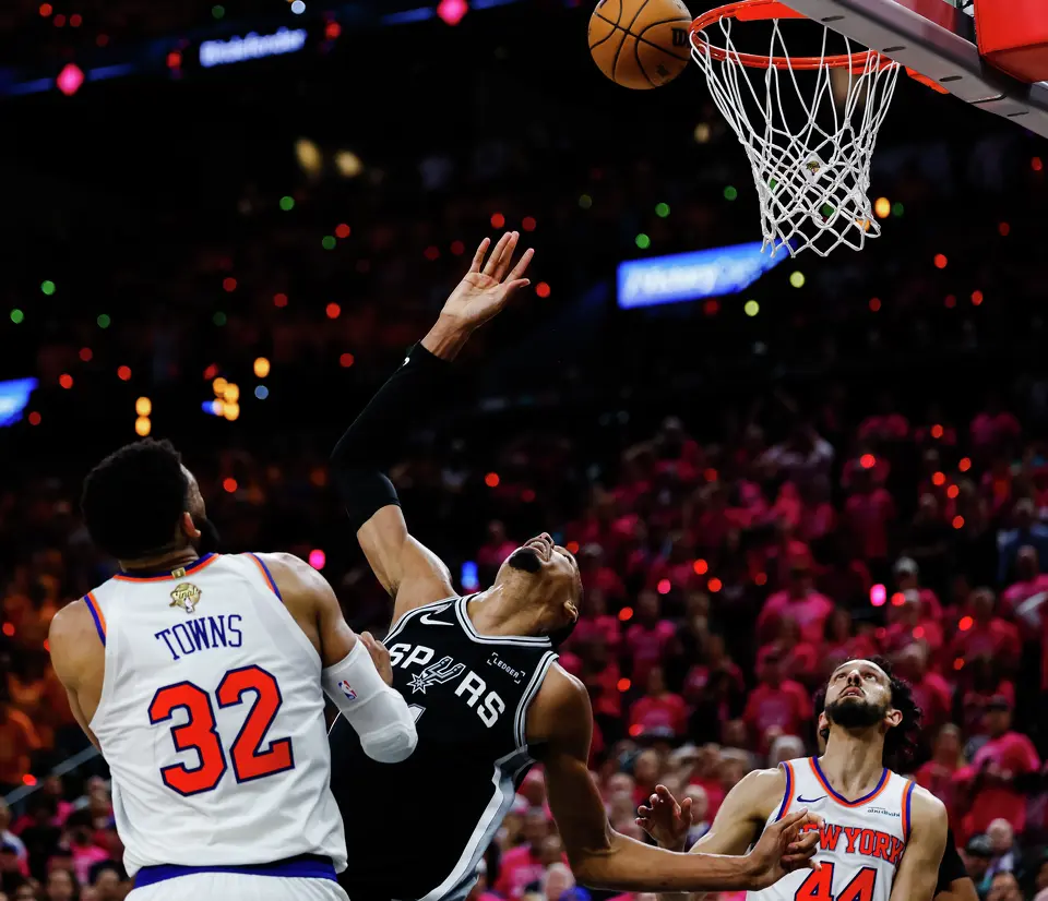 San Antonio Spurs center Victor Wembanyama (1) watches the ball near the basket during Game 1 of the NBA Finals against the New York Knicks at Frost Bank Center in San Antonio, on Wednesday, June 3, 2026.