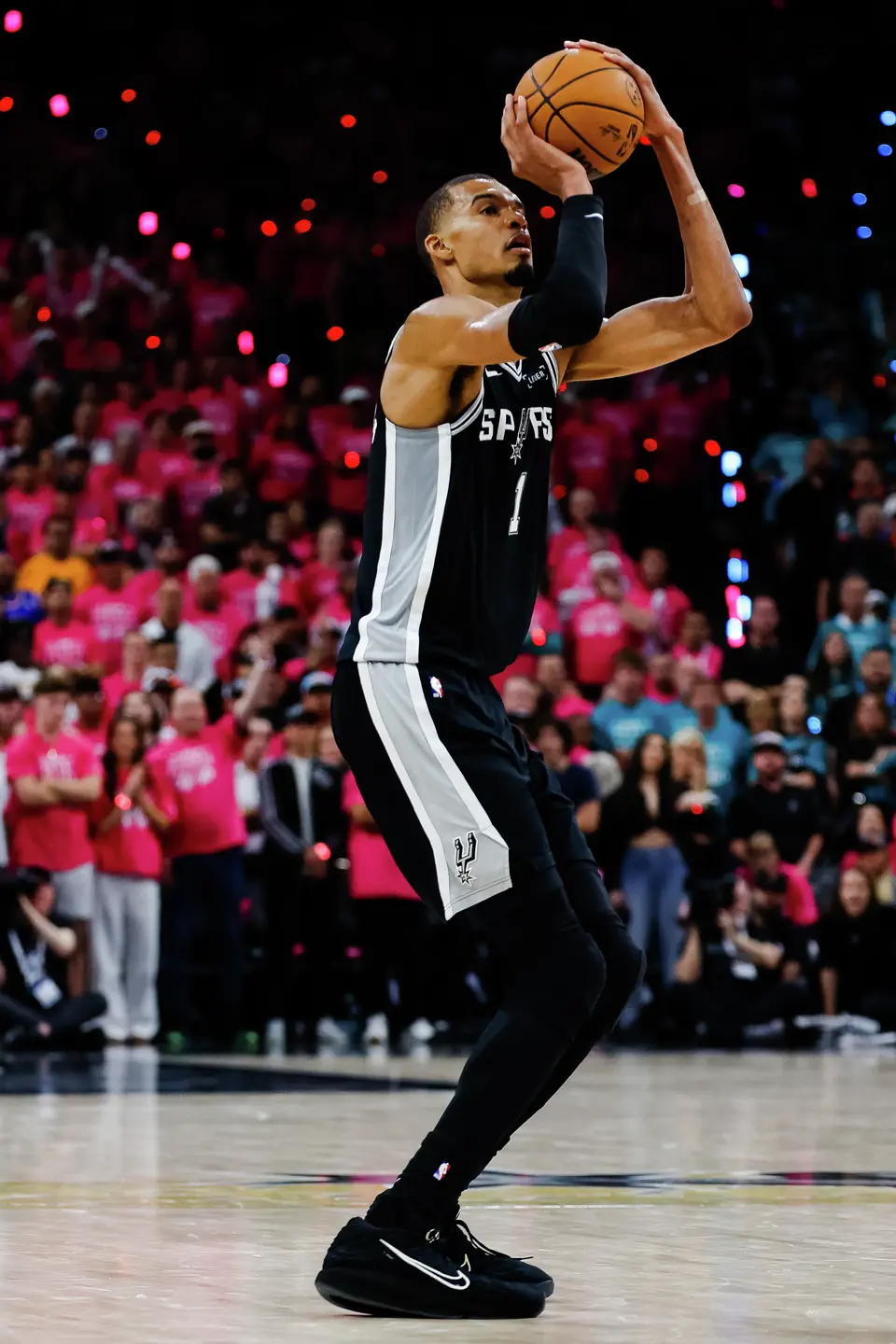 San Antonio Spurs center Victor Wembanyama (1) goes up for a shot during Game 1 of the NBA Finals at Frost Bank Center in San Antonio, on Wednesday, June 3, 2026.