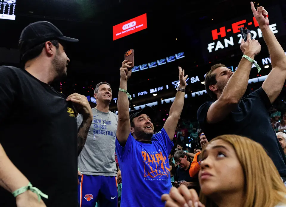 New York Knicks fans cheer during the fourth quarter of during Game 1 of the NBA Finals at Frost Bank Center in San Antonio, on Wednesday, June 3, 2026.