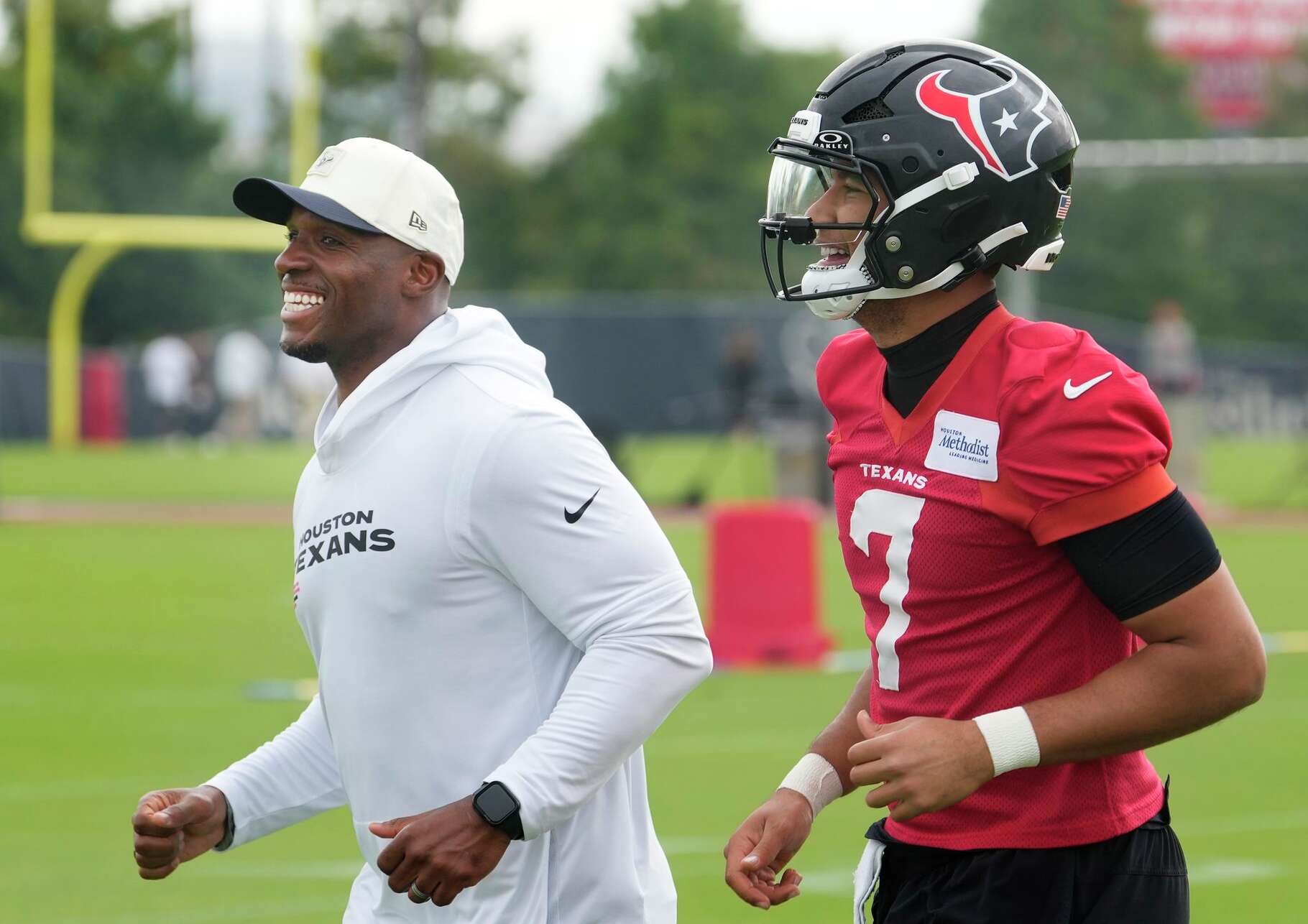 Houston Texans head coach DeMeco Ryans and quarterback C.J. Stroud (7) are shown during OTAs at Houston Methodist Training Center in Houston Thursday, June 4, 2026.