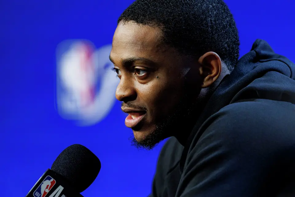 San Antonio Spurs guard De'Aaron Fox answers questions during a news conference at Frost Bank Center in San Antonio, Thursday, June 4, 2026, following a 105-95 loss to the New York Knicks in Game 1 of the NBA Finals.