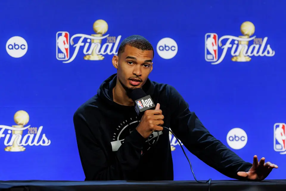 San Antonio Spurs center Victor Wembanyama answers questions during a news conference at Frost Bank Center in San Antonio, Thursday, June 4, 2026, following a 105-95 loss to the New York Knicks in Game 1 of the NBA Finals.