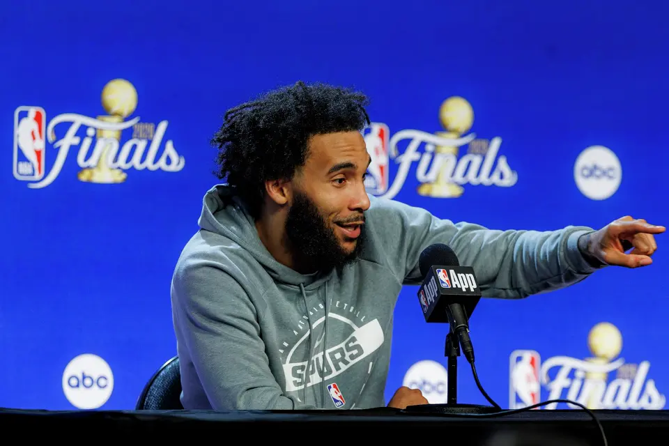 San Antonio Spurs forward Julian Champagnie answers questions during a news conference at Frost Bank Center in San Antonio, Thursday, June 4, 2026, following a 105-95 loss to the New York Knicks in Game 1 of the NBA Finals.