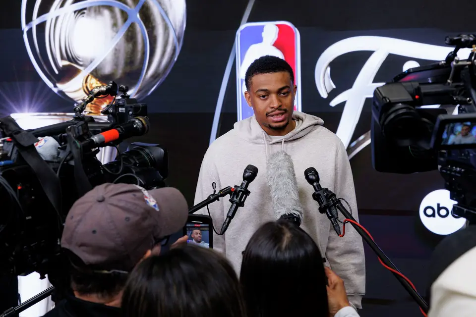 San Antonio Spurs forward Keldon Johnson answers questions during a news conference at Frost Bank Center in San Antonio, Thursday, June 4, 2026, following a 105-95 loss to the New York Knicks in Game 1 of the NBA Finals.
