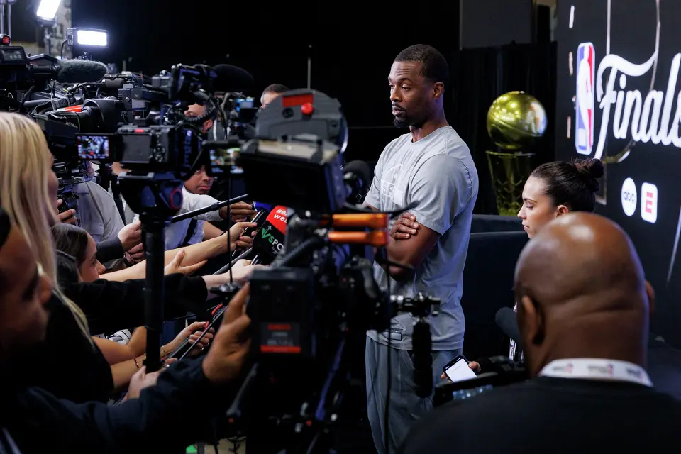 San Antonio Spurs forward Harrison Barnes answers questions during a news conference at Frost Bank Center in San Antonio, Thursday, June 4, 2026, following a 105-95 loss to the New York Knicks in Game 1 of the NBA Finals.