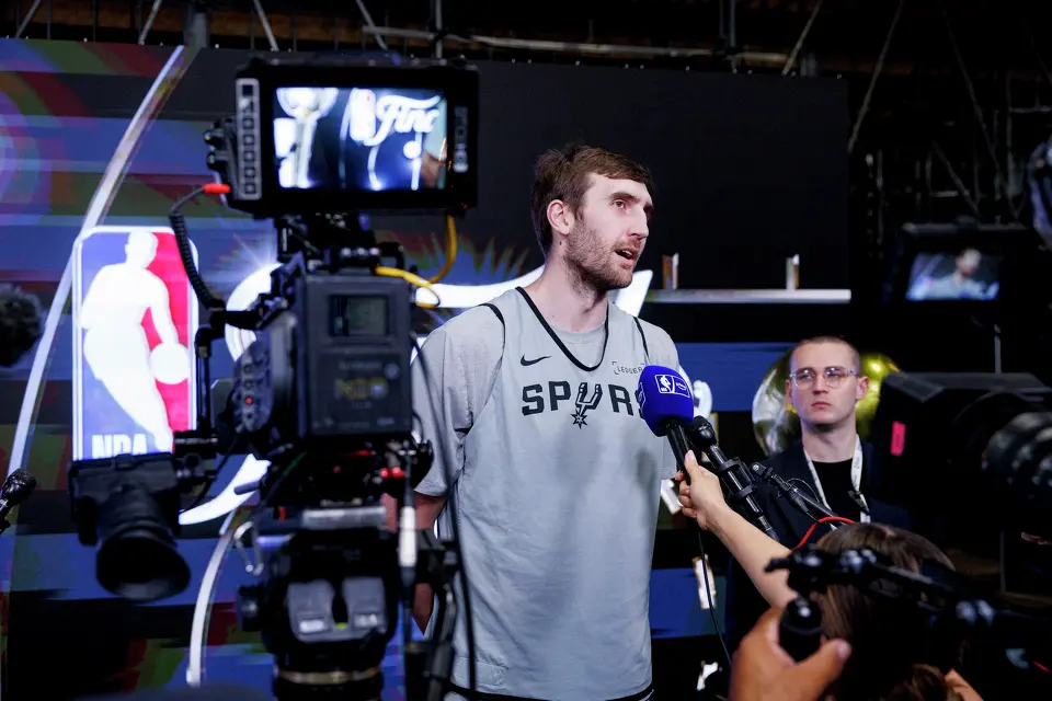 San Antonio Spurs center Luke Kornet answers questions during a news conference at Frost Bank Center in San Antonio, Thursday, June 4, 2026, following a 105-95 loss to the New York Knicks in Game 1 of the NBA Finals.