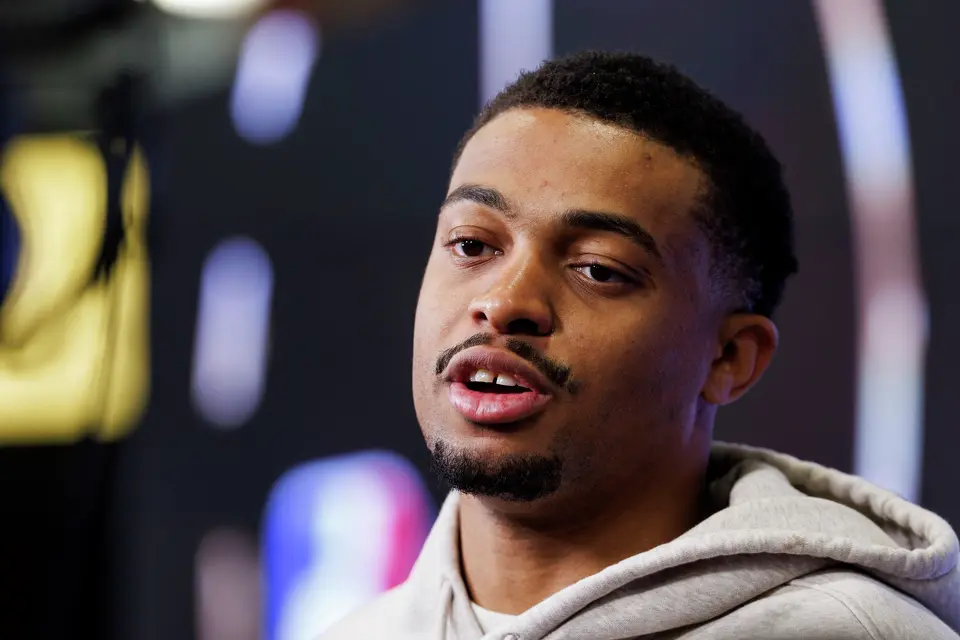 San Antonio Spurs forward Keldon Johnson answers questions during a news conference at Frost Bank Center in San Antonio, Thursday, June 4, 2026, following a 105-95 loss to the New York Knicks in Game 1 of the NBA Finals.