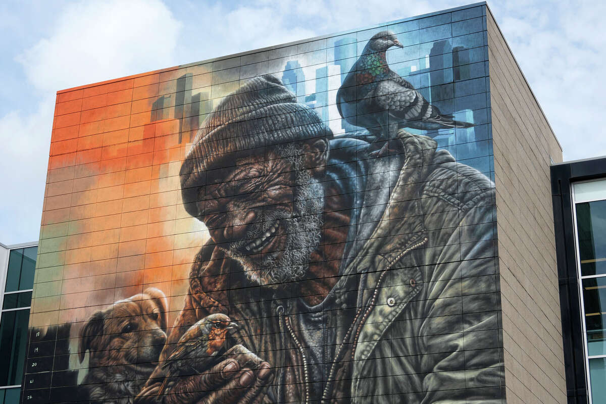 A mural titled “Rich by Heart” by Rosalie de Graaf (aka RoosArt) at SEARCH Homeless Services, 1712 Pease St., is shown after unveiling ceremony in Houston Thursday, April 30, 2026. Six new murals on downtown buildings were announced during the seventh season of “Big Art. Bigger Change” including one mural dedicated to the World Cup.