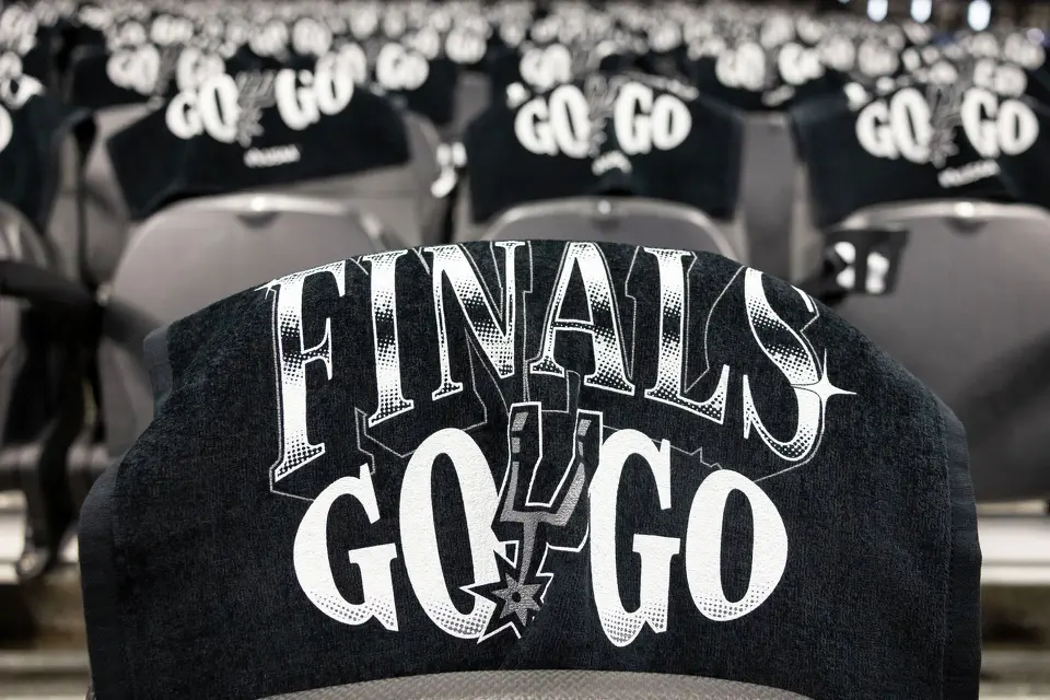 Rally towels line the seats prior to the start of Game 2 of the NBA Finals at Frost Bank Center in San Antonio on Friday, June 5, 2026.