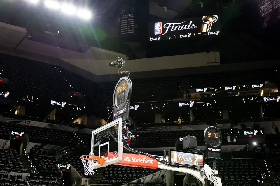 Finals signage is displayed prior to the start of Game 2 of the NBA Finals at Frost Bank Center in San Antonio on Friday, June 5, 2026.
