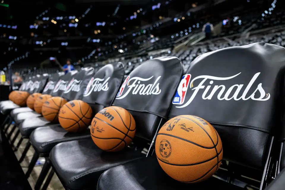 Basketballs line the bench prior to the start of Game 2 of the NBA Finals at Frost Bank Center in San Antonio on Friday, June 5, 2026.