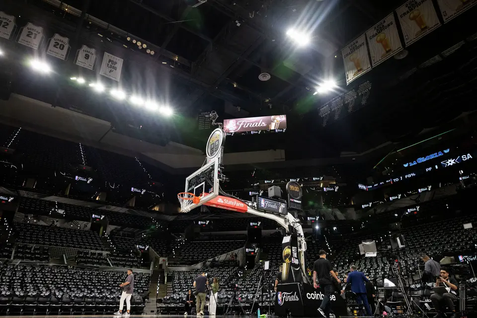 Finals signage is displayed prior to the start of Game 2 of the NBA Finals at Frost Bank Center in San Antonio on Friday, June 5, 2026.