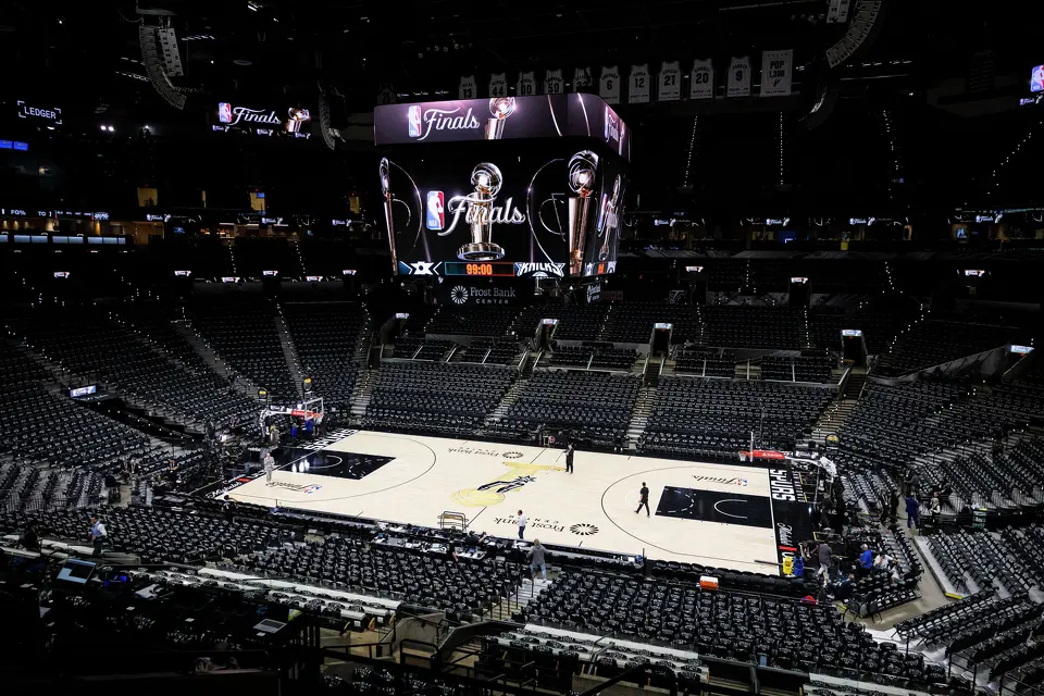 Finals signage is displayed prior to the start of Game 2 of the NBA Finals at Frost Bank Center in San Antonio on Friday, June 5, 2026.