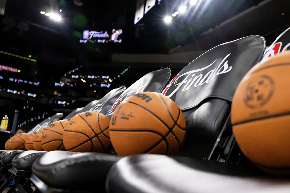 Basketballs line the bench prior to the start of Game 2 of the NBA Finals at Frost Bank Center in San Antonio on Friday, June 5, 2026.