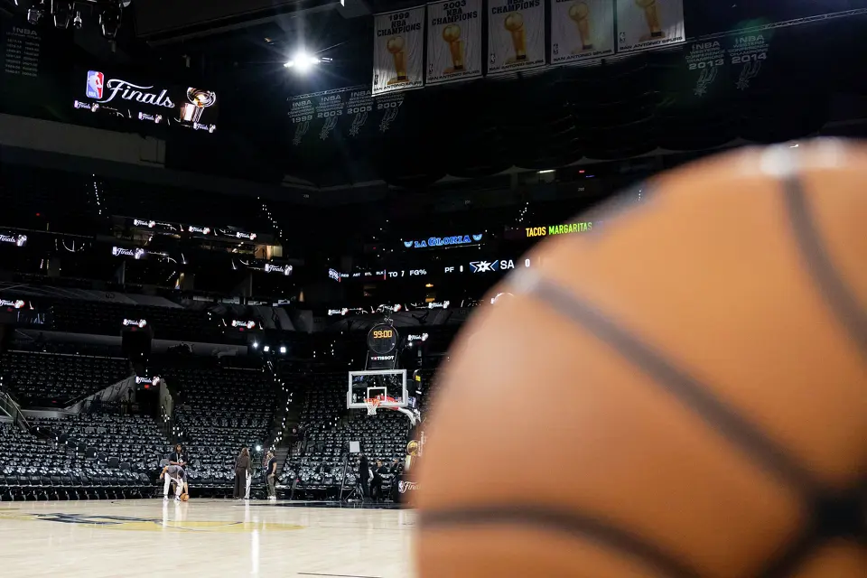 Basketballs line the bench prior to the start of Game 2 of the NBA Finals at Frost Bank Center in San Antonio on Friday, June 5, 2026.