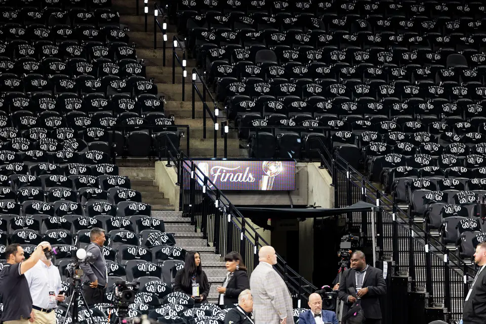 Rally towels fill the seats prior to the start of Game 2 of the NBA Finals at Frost Bank Center in San Antonio on Friday, June 5, 2026.
