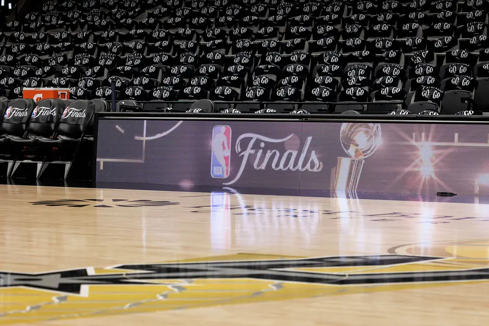 Finals signage is displayed prior to the start of Game 2 of the NBA Finals at Frost Bank Center in San Antonio on Friday, June 5, 2026.