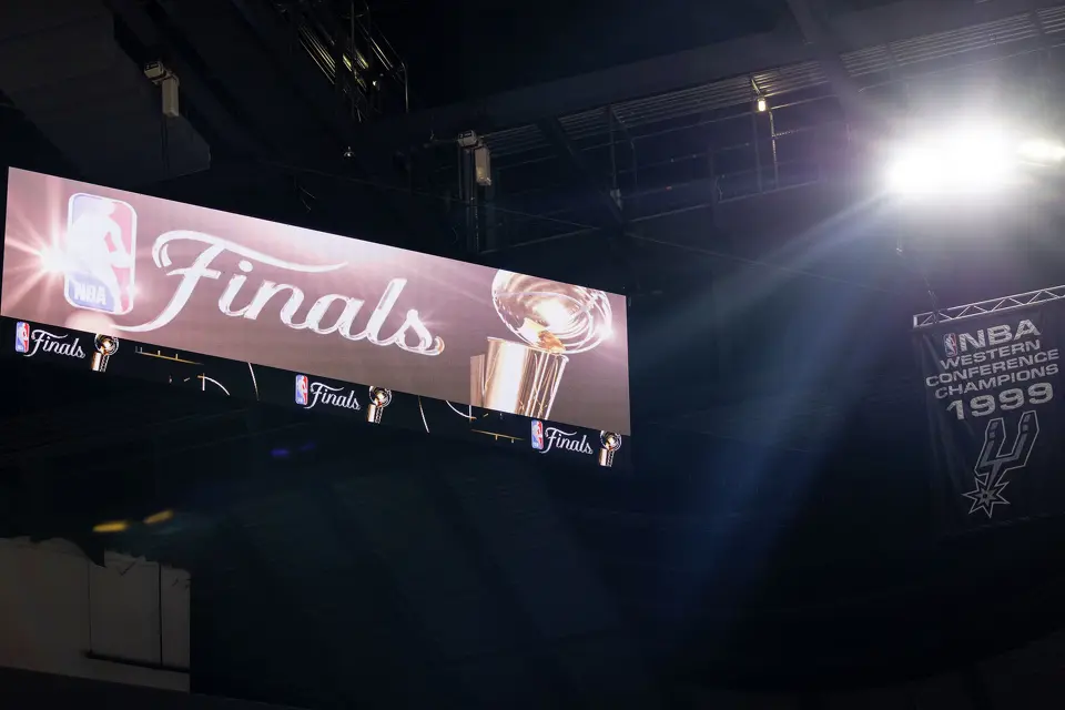 Finals signage is displayed prior to the start of Game 2 of the NBA Finals at Frost Bank Center in San Antonio on Friday, June 5, 2026.