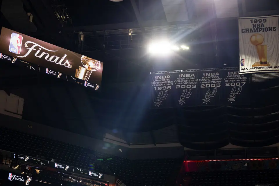 Finals signage is displayed prior to the start of Game 2 of the NBA Finals at Frost Bank Center in San Antonio on Friday, June 5, 2026.